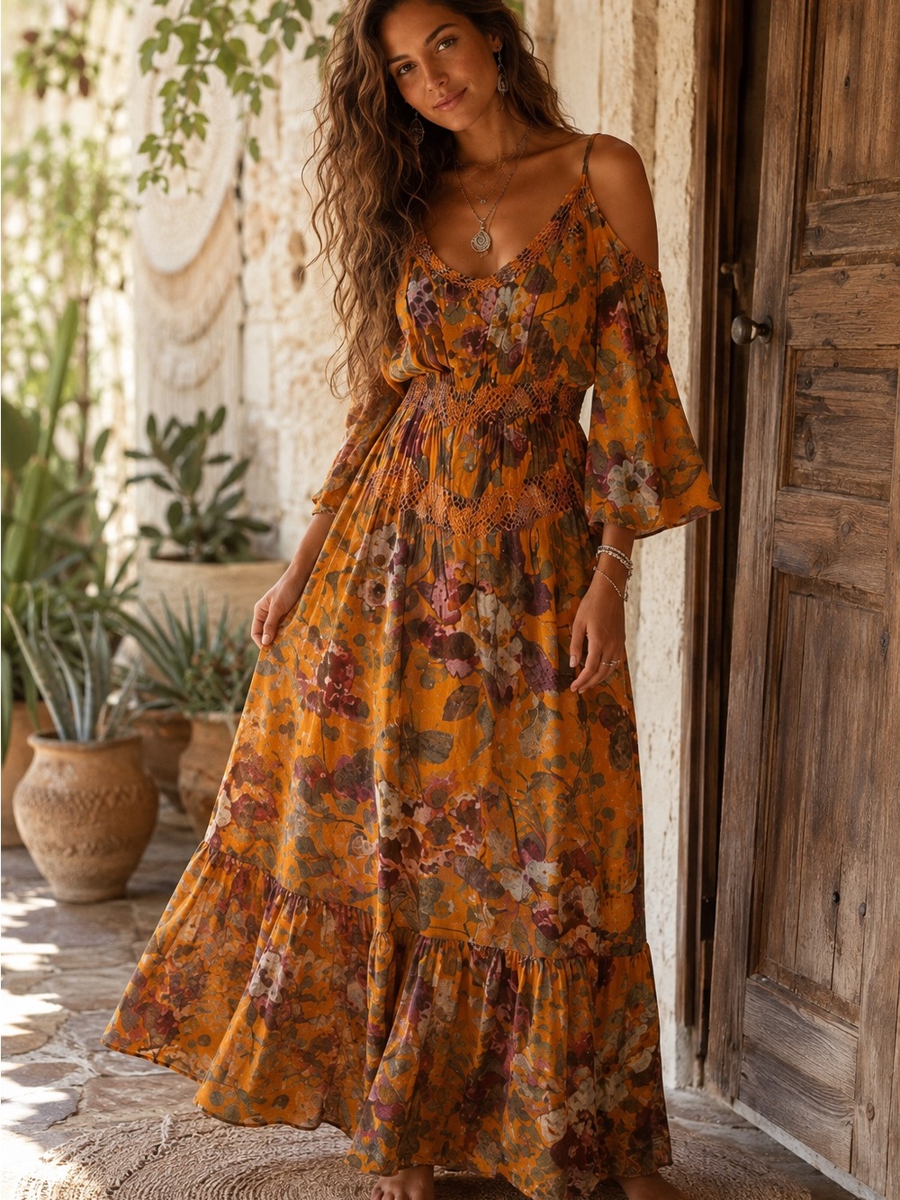 Anthropologie Moulinette Soeurs Floral Boho Cold Shoulder Maxi Dress Size 4